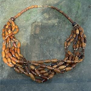 VTG  Multi-Strand Beaded Necklace Teak Wood Statement Artisan Jewelry